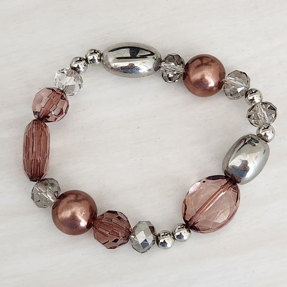 Coppery and Silvery Bead Stretch Bracelet - Picture 1 of 5